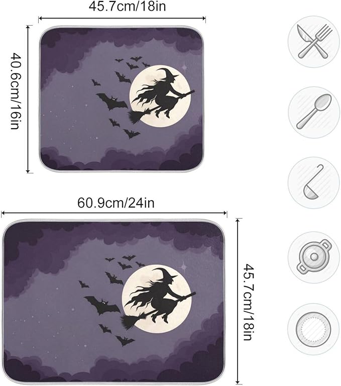 Halloween Flying Witch Oversized Dish Drying Mat Dish Drying Pad for Kitchen Counter Heat Resisant Mat 16 x 18 Drying Matt