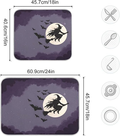 Halloween Flying Witch Oversized Dish Drying Mat Dish Drying Pad for Kitchen Counter Heat Resisant Mat 16 x 18 Drying Matt