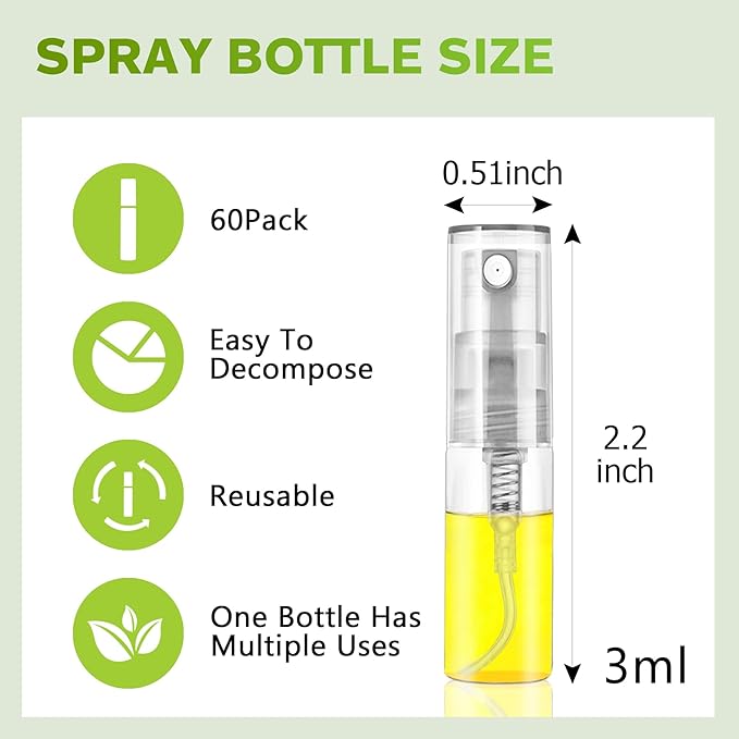 Mini Spray Bottle 3ml, Refillable Glass Spray Bottle, Glass Bottle Atomizer, Perfume Mouthwash Atomizer for Cleaning Refillable Container for Travel, Essential Oils, Perfume 60 Pcs, 3ml