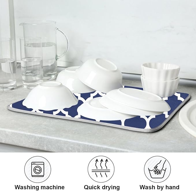 Navy Blue Trellis Lattice Dish Drying Mat for Kitchen Counter Absorbent Microfiber Drying Pad, Large 18x24 in, Reversible Drainer Mats