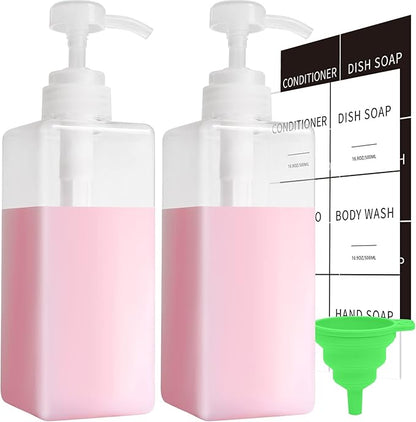 Clear Soap Dispenser with Waterproof Labels, Thickened Plastic Hand Soap Dispenser for Bathroom, Kitchen Dish Washing Liquid Bottles, Shampoo and Conditioner Bottles with Funnel (16oz 2Pack Clear)