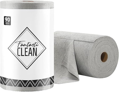Fantasticlean Microfiber Cleaning Cloth Roll -90 Pack, Tear Away Microfiber Towels, 12" x 12", Reusable, Washable, Lint Free, Ultra Absorbent Dishcloth for All-Around Cleaning Supplies (Grey)