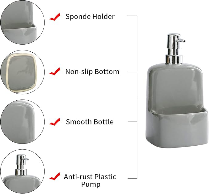 Dish Soap Dispenser - Kitchen Soap Dispenser with Sponge Holder Matte Ceramic Soap Daddy Dispenser 20oz for Kitchen (Grey)