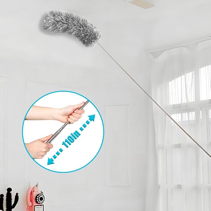 Feather Duster for Cleaning Extendable - Feather Duster for Cleaning The Indoor. 110 in Long Duster with Extension Pole for Clean Ceilings and Fans. Microfiber Duster for Blinds. Washable Dduster