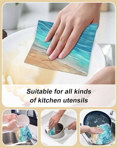 4 Pack Abstract Turquoise Kitchen Dish Cloths, Ocean Beach Waves Lines Gradient Dishcloths for Kitchen, Reusable Paper Towels, Super Absorbent Quick Drying Washcloths Cleaning Wipes, 6x5 inch
