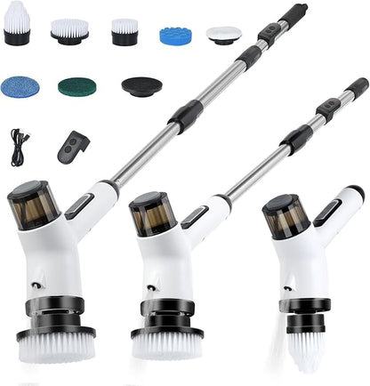 11 in 1 Electric Spin Scrubber Cordless Shower Scrubber with 2 Adjustable Speeds Spray Shower LED Display Shower Cleaner Brush with Long Handle for Bathroom Floor Tub Tile Toilet IPX7 Waterproof