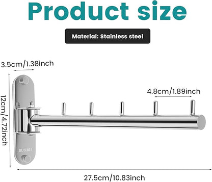 Wall Mounted Clothes Hanger Rack Swing Arm, Folding Clothes Hanger Space Saving Drying Rack Stainless Steel Laundry Room Valet Hook Holder Foldable Hanging Hook Rod for Laundry Closet Bedroom