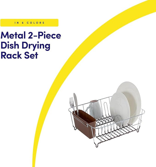 Dish Drying Rack & Cutlery Holder 2 Piece Set - Compact Sink-Fitting Dish Drainer with Rubberized Undercoating, Space-Saving Kitchen Organizer for Plates, Cups, Bowls & Utensils in Sink, Bronze Brown