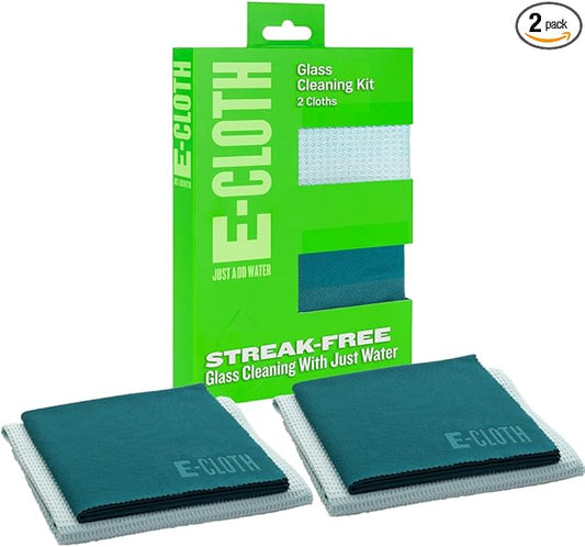 E-Cloth Microfiber Window Cleaning Cloth Kit - Glass Cleaning Cloth for Windows, Mirrors, Cars, Lenses, Eyeglasses, & More, Streak Free Clean, Machine Washable Reusable Towel - Green (2 Kits)
