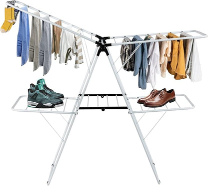 COSTWAY Clothes Drying Rack, Foldable 2 Tier Clothing Rack with Height-Adjustable Wings, 33 Drying Rails & Sock Clips, Portable Space Saving Laundry Drying Rack for Apartment, RV, Indoor & Outdoor Use
