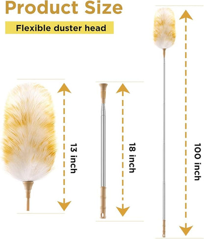 Extendable Lambswool Duster 30-100 Inch, Stainless Steel Long Handle Duster, Natural Feather Duster for Cleaning High Ceilings, Fans, Bookshelves, Interior, Cars, Brown