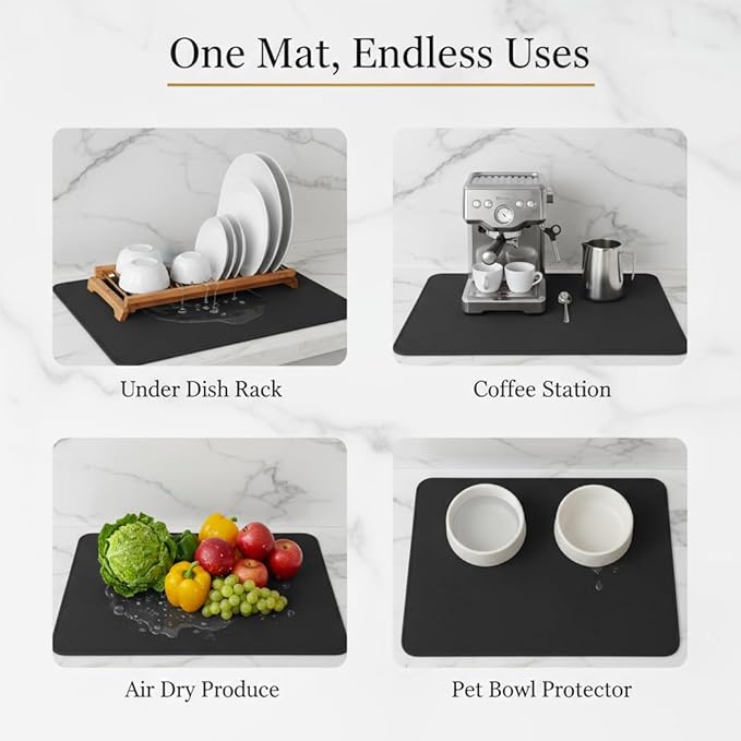 Dish Drying Mat Super Absorbent – 16" x 12" Coffee Mat for Countertops – Non-Slip Drying Mat for Kitchen Counter – Easy to Clean Water Absorbent Mat – Quick Dry Dish Drying Mats (Black)