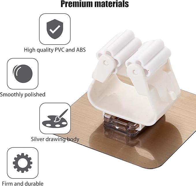 Self-Adhesive Mop Holder,Broom Wall Mounted Rack,Sweeper Gripper Hanger,Cleaning Tools Sticker Hook,Bathroom/Kitchen/Toilet/Garage Gadget,No Drilling and Anti-Slip(4pcs)