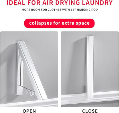 Dr.DJ Retractable Clothes Rack Wall Mounted Clothes Hanger - Foldable Clothes Drying Rack Wall Mount Coat Hangers for Laundry Indoor, Aluminium (1 Rack, Silver)