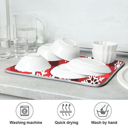 Snowflakes Christmas Checkered Plaid Dish Drying Mat for Kitchen Counter Absorbent Microfiber Drying Pad, Medium 16x18 in