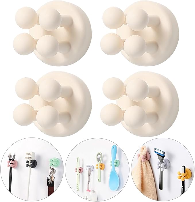 iBetterLife 4Pcs Self-adhesive Hooks Holders - Mounted to Wall Mirror for Clipping & Hanging Toothbrush Razor Towel Key Plug Cable, Utility Holder for Kitchen Bathroom Home Office Dorm Room Essentials