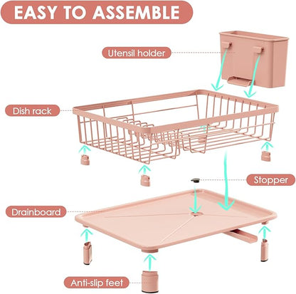 GAOKASE Dish Drying Rack, Stainless Steel-Dish Rack, Dish Racks for Kitchen Counter, Kitchen Dish Drainers with Removable Utensil Holder,New Drain Outlet,Plate Rack and Drainboard,(Pink-11 W x 15" L)
