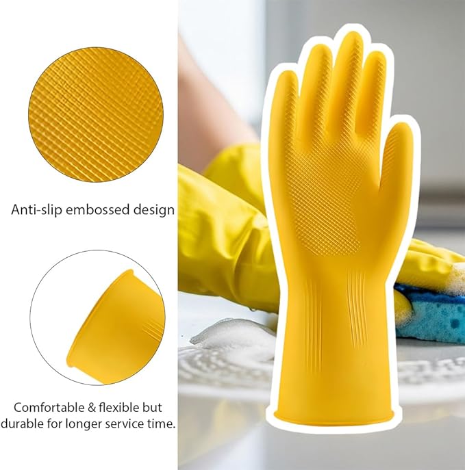 Rubber Kitchen Dishwashing Gloves - 4 Pairs Yellow Reusable Household Cleaning Gloves