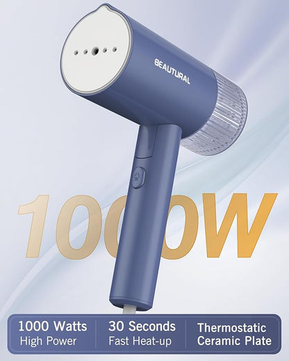 BEAUTURAL Steamer for Clothes, Portable Garment Wrinkle Remover, Fast 30s Heat-up, Foldable and Handheld, 120V Only (Not for 220V Europe), Blue