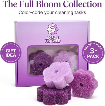 Scrub Flower Temperature Sensitive Sponges -Non-Scratch Scrubbers for Kitchen & Home - Firm in Cold & Soft in Warm Water - Odor Resistant Color-Coded Dish Sponges (Lavender Mist, 3 Count)