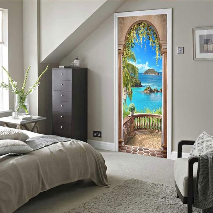 3D Door Stickers Murals - Landscape Peel and Stick Waterproof & Washable Matt Finish Tropical Beach 31.5" x 78.7" 2 Parts