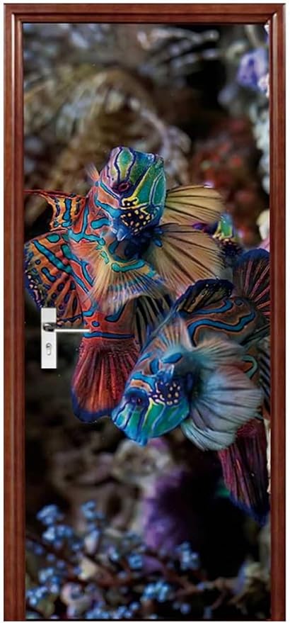 A.Monamour 3D Door Stickers for Interior Doors Mandarinfish Fish Nautical Vinyl Waterproof Self Adhesive Door Mural Decals for Bedroom Office Bathroom 90x200cm