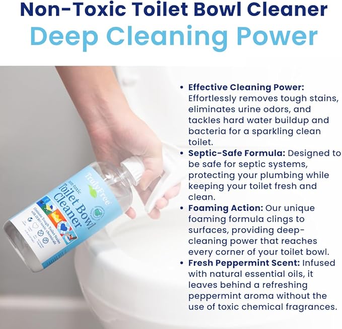 Truly Free Toilet Bowl Cleaner - Heavy-Duty Stain Remover - Septic Safe, Plant-Based Formula - Fresh Peppermint Scent - 2 Refills (3oz) with Empty Refillable Bottle