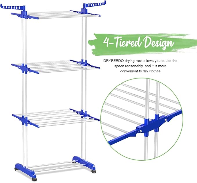 Clothes Drying Rack with Wheels, Multifunctional, 4 Levels, Foldable Stand, Space Saving with Wings Laundry Tower for Indoor and Outdoor Use (Blue White)