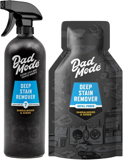 DadMode Laundry Stain Remover | 7-Enzyme Spray for Deep, Aged, Set-In Clothing Stains | Enzyme Booster Cleans Bodily Fluids, Oil, Wine, Turmeric | Sandalwood & Suede | 16oz Bottle + Refill Pouch