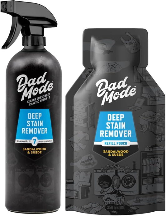 DadMode Laundry Stain Remover | 7-Enzyme Spray for Deep, Aged, Set-In Clothing Stains | Enzyme Booster Cleans Bodily Fluids, Oil, Wine, Turmeric | Sandalwood & Suede | 16oz Bottle + Refill Pouch