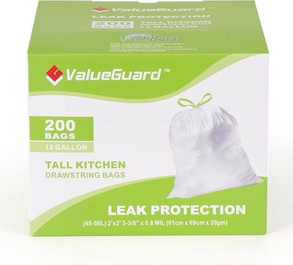 ValueGuard Large Trash Bag 13 Gallon Tall Drawstring 100% Post-Consumer Recycled Garbage Bag Waste Bag for Kitchen Office 0.8 Mil (200 Count)