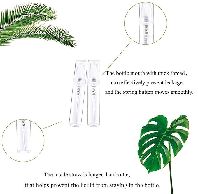 Mini Spray Bottle 90PCS 3ML Clear Plastic Empty Sample Containers Fine Mist Perfume Travel Refillable Spray Bottle Perfume Atomizer Small Travel Size Spray Bottle for Cleaning, Essential Oils