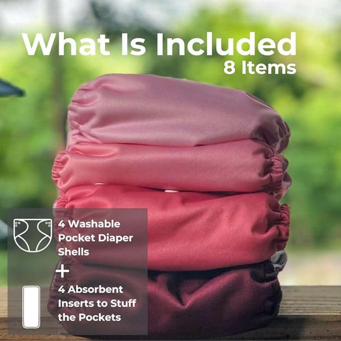 Nora's Nursery Cloth Pocket Diapers 4 Pack with 4 Inserts - Waterproof Cover, Washable, Reusable & One Size Adjustable Pocket Diapers for Newborns and Toddlers - Berry Mauve
