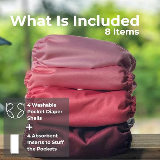 Nora's Nursery Cloth Pocket Diapers 4 Pack with 4 Inserts - Waterproof Cover, Washable, Reusable & One Size Adjustable Pocket Diapers for Newborns and Toddlers - Berry Mauve