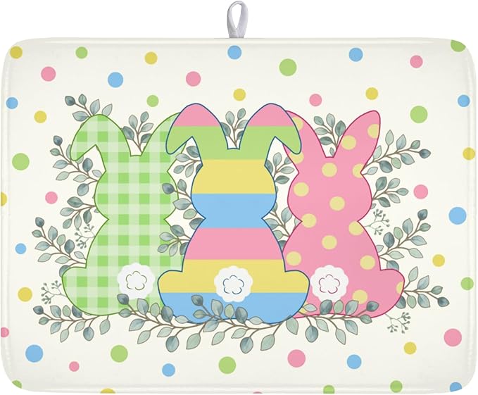 Easter Bunny Dish Drying Mat for Kitchen Counter Cute Rabbit Colorful Polka Dots Pattern Drying Mat 18x24 Inch Spring Holiday Absorbent Dish Drainer Mat Kitchen Accessories