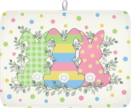 Easter Bunny Dish Drying Mat for Kitchen Counter Cute Rabbit Colorful Polka Dots Pattern Drying Mat 18x24 Inch Spring Holiday Absorbent Dish Drainer Mat Kitchen Accessories