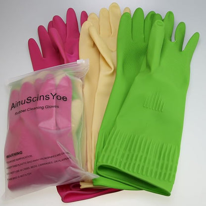 Reusable Rubber Cleaning Gloves - Waterproof, Non-Slip 15" Long Cuff Kitchen Gloves for Dishwashing, 3 Pairs (Yellow, Red, Green), Medium