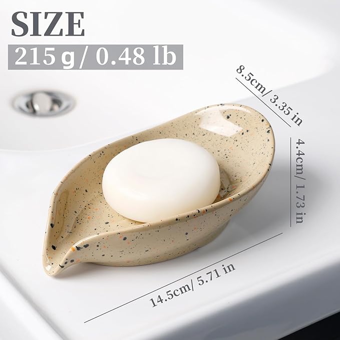 Soap Holder, Self Draining Soap Dish, Leaf Shape Bar Soap Holder Ceramic Drain Soap Dishes for Bathroom Sink Shower Kitchen, Easy to Clean Keeps Soap Dry, ANTIS'S HOME