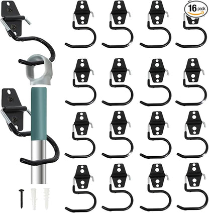 Tlence 16 Pack Metal Broom Hooks, Heavy Duty Garage Holder Wall Mount, S Type Anti-Slip Mop Rack, Cleaning Tools Holder Storage Organizer Hanger for Shovel Rakes Shed Garden Lawn Yard