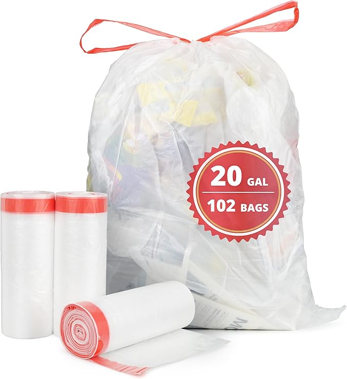 20 Gallon Trash Bags Fit 20-21 Gal, Extra Strong Large Garbage Bags w/Drawstring (102 Count) Heavy Duty Plastic Trash Liners for Kitchen Commercial Office Lawn, Clear