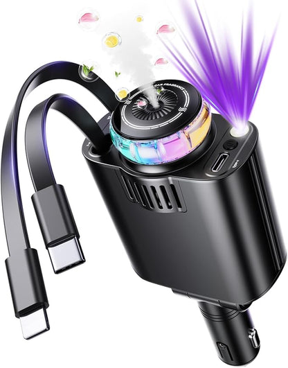Retractable Car Charger with Starlight and Aromatherapy, 5 in 1 USB C Car Charger Adapter, 69W Fast Charging Cars Phone Chargers, Cars Air Freshener Compatible with iPhone 17 16 15 14 13 and Android