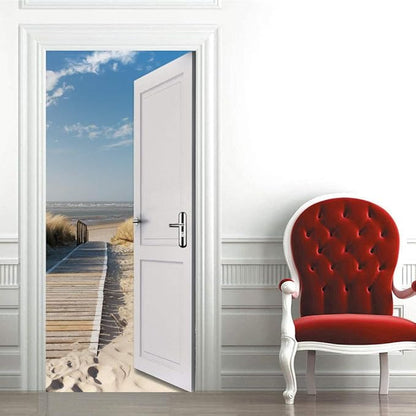 3D Door Wallpaper Self-Adhesive Poster - Beach Street Film Photo Premium PVC Waterproof Sticker Wall for Bedroom Living Room Decoration Stickers 88 x 200 cm