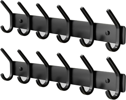 GWAAZXGZ Coat Rack Wall Mount Hooks - 15 Inch Matte Black Metal 6-Hook Organizer Wall Mounted, Modern Kids Room, Entryway & Bathroom Hanger for Beach Towels, Coats, Purses, Bags (2 Pack)