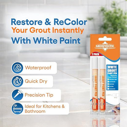 White Grout Paint Pen Tile Grout Colorant & Sealer Marker, Quick-Dry, Ideal for Bathroom, Shower, Kitchen Tiles Restores Grout Lines, 3 Adjustable Tips (2-3 mm) 2 Pack