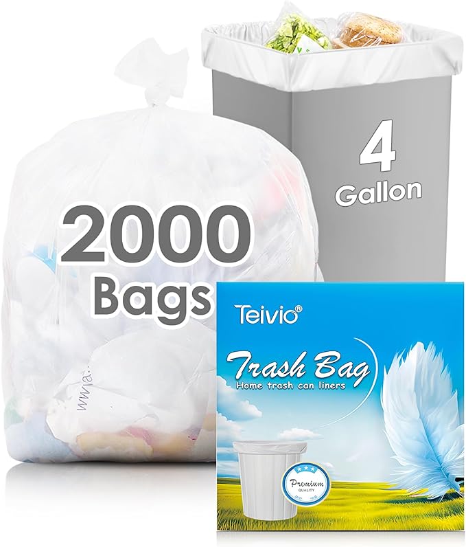4 Gallon 2000 Counts Small Clear Trash Bag, for 1.6 Gallon 2 Gallon 3 Gallon 10 Liters 15 Liters Garbage Bags by Teivio, Bathroom Trash Can Bin Liners, Small Plastic Bags for home office kitchen