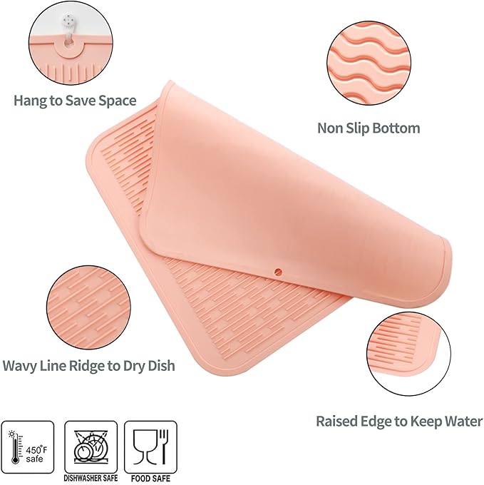 MicoYang Silicone Dish Drying Mat for Multiple Usage,Easy clean,Eco-friendly,Heat-resistant Silicone Mat for Kitchen Counter or Sink,Refrigerator or Drawer Liner Pink 2XL 24 inches x 18 inches
