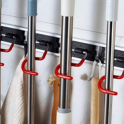 Wall Mounted Mop and Broom Holder, Stainless Steel, Red Black, 34 Inches, 8 Position Rack with 6 Hooks, S Type Organizer
