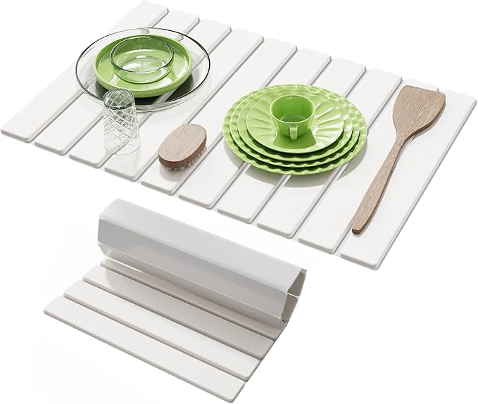 Large Stone Dish Drying Mat for Kitchen Counter,23.6''x15.3'' Foldable Quick Dry Stone Kitchen Mat,Eco-Friendly,Absorbent Diatomaceous Earth Mats for Dishes Bottles Cups Bathroom Any Countertop-White