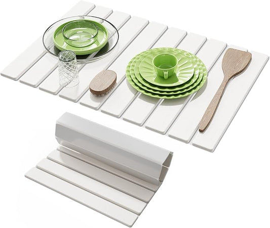 Large Stone Dish Drying Mat for Kitchen Counter,23.6''x15.3'' Foldable Quick Dry Stone Kitchen Mat,Eco-Friendly,Absorbent Diatomaceous Earth Mats for Dishes Bottles Cups Bathroom Any Countertop-White