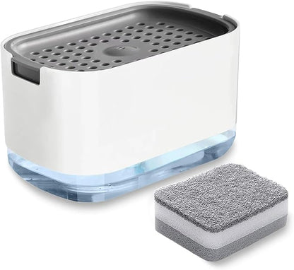 Dish Soap Dispenser and Sponge Support, Sink Soap Pump Dispenser, Liquid Soap Dispenser, Kitchen Detergent Press Box, Suitable for Kitchens, Bathrooms and Sinks (White)